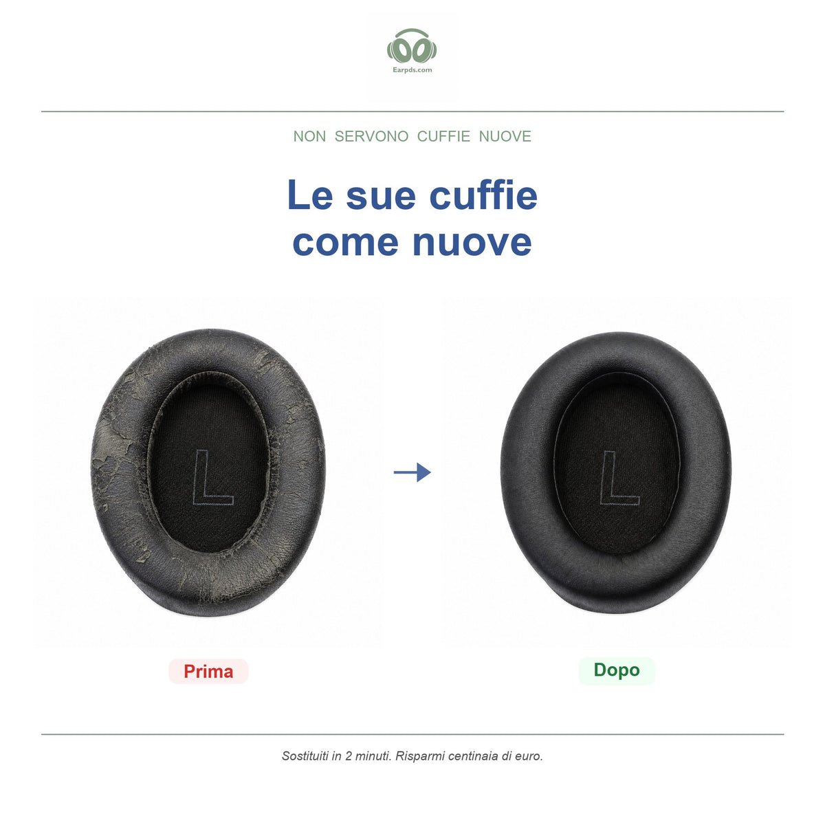Cuscinetti di ricambio per serie Soundcore Life Q10, prima e dopo