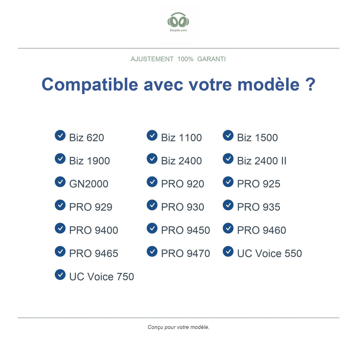 Coussinets pour Jabra PRO 920/930 & Série Biz, modèles compatibles
