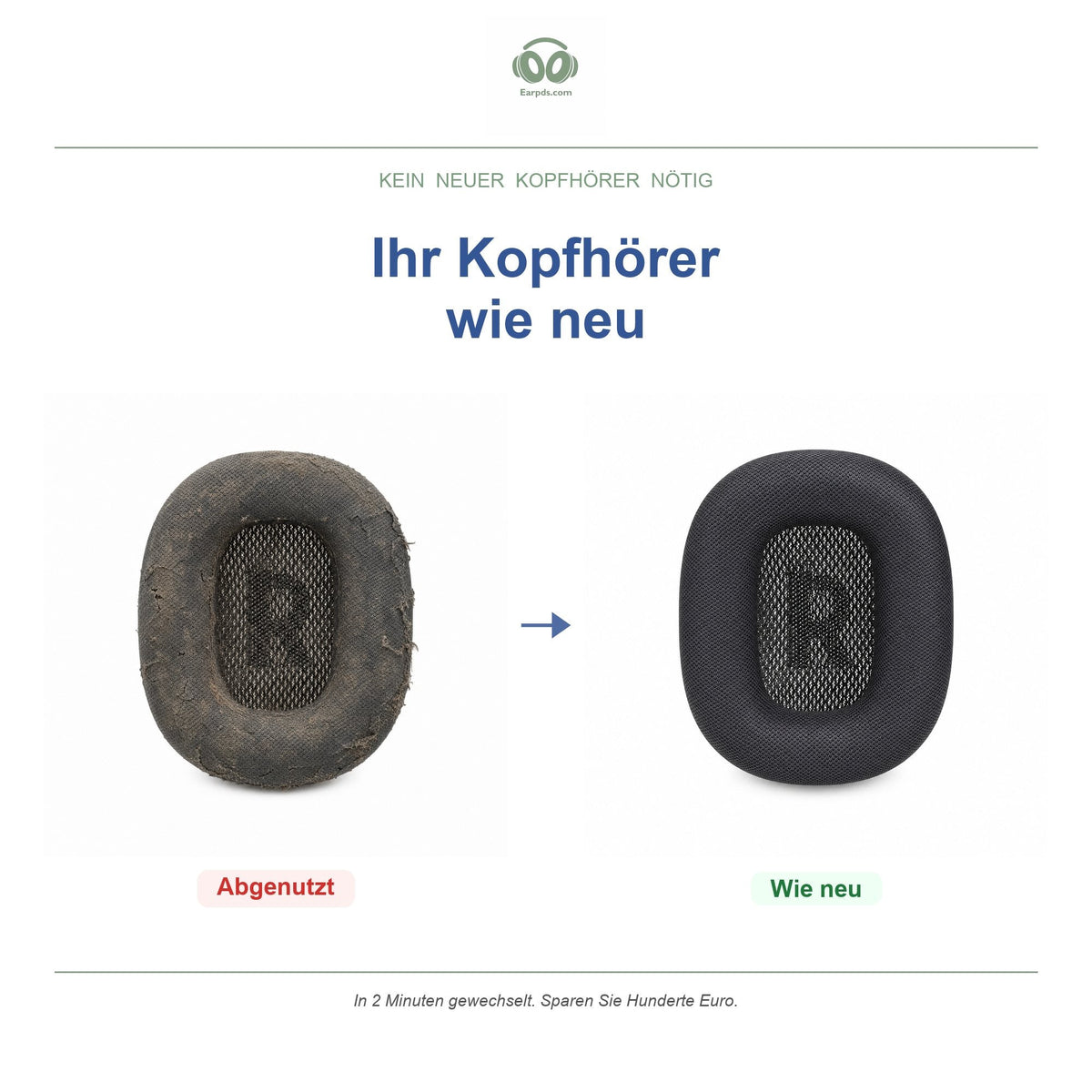 Ohrpolster für Apple AirPods Max, vorher und nachher