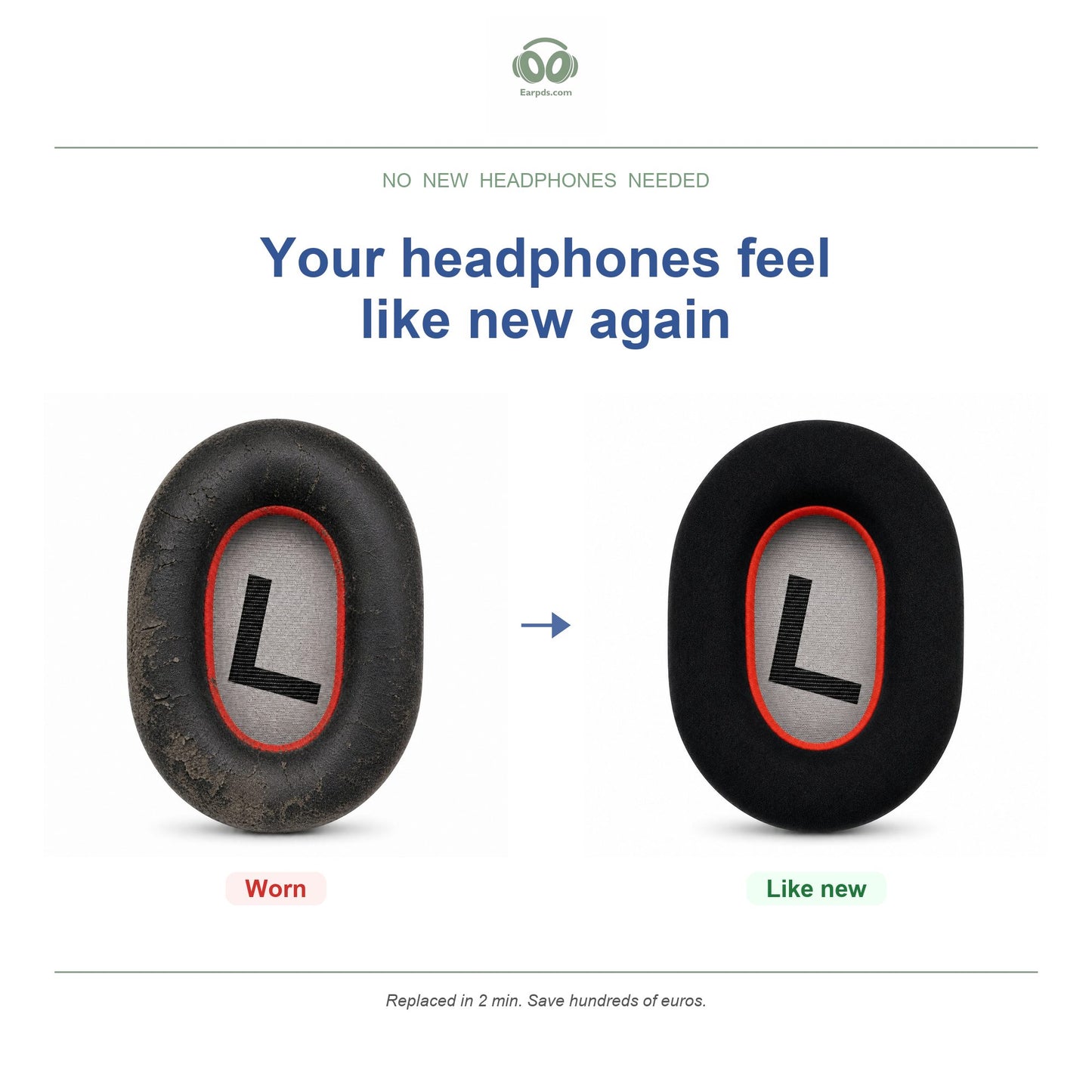 Oorkussens voor Poly Voyager 8200 / BackBeat PRO 2 – Geschikt voor Voyager 8200 UC, BackBeat PRO 2, BackBeat PRO 2 SE — Before and after