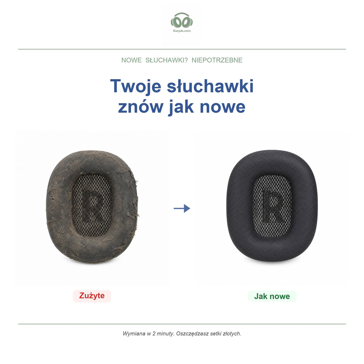 Gąbki do słuchawek Apple AirPods Max, przed i po